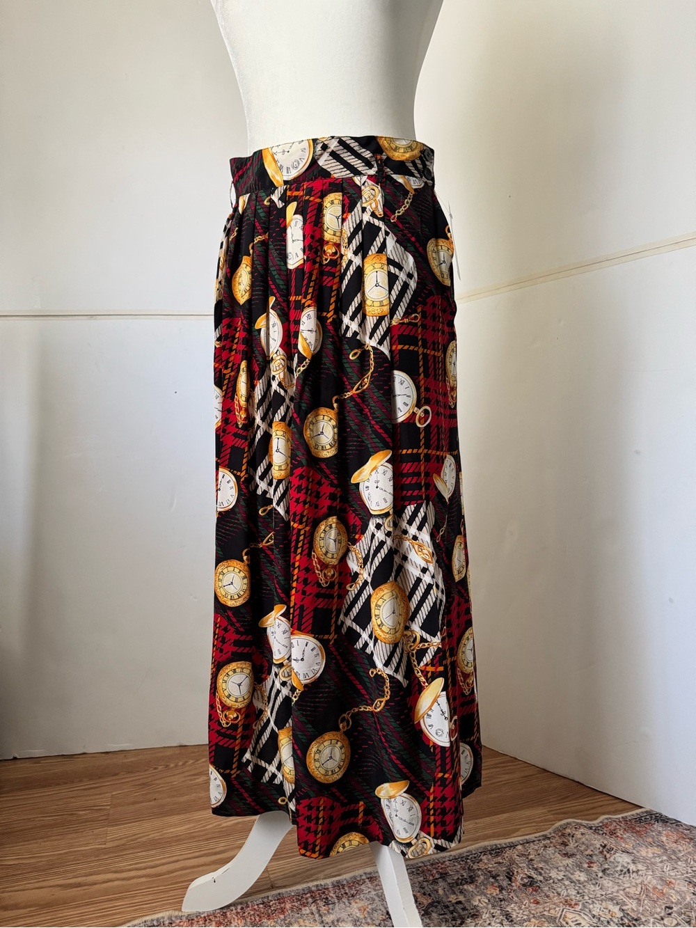 90’s Silk Black & Red Plaid Maxi Skirt with Pocket Watch Print